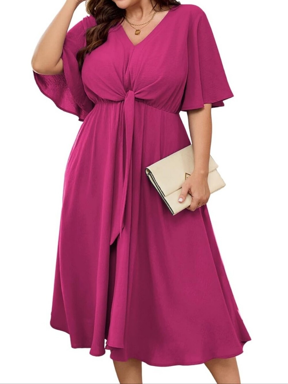 SCOMCHIC Women Plus Size Midi Dresses Wedding Guest Short Sleeve V Neck Tie